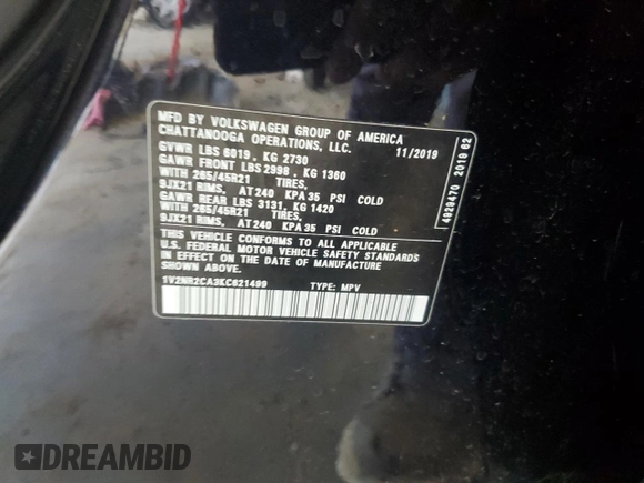 2019 Volkswagen Atlas SEL Premium с VIN 1V2NR2CA3KC621499, выставлен на аукционе Copart как лот 53777925 с пробегом 108 604 миль миль и Списание • Salvage title. История ставок и продаж доступна на DreamBid. Изображение 13.