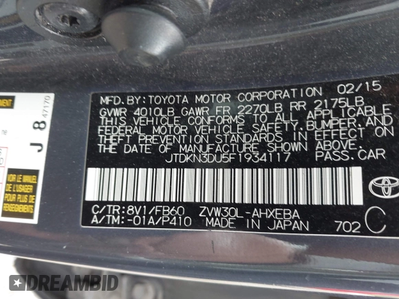 2015 Toyota Prius Four z VIN JTDKN3DU5F1934117, wystawiony jako IAAI lot #42370807 z przebiegiem 67 806 mil mil oraz . Historia ofert i sprzedaży dostępna na DreamBid. Obrazek 9.