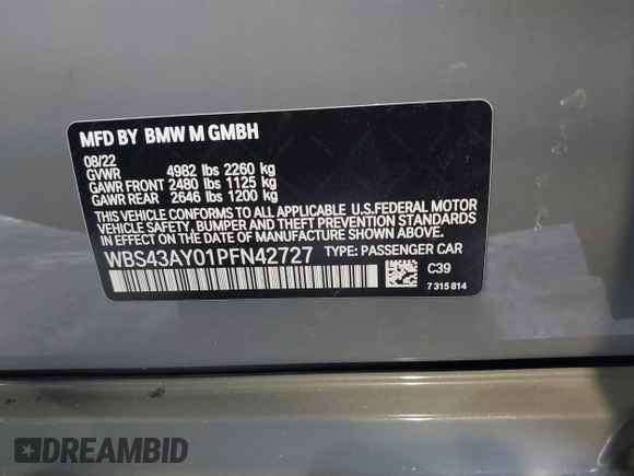 2023 BMW M3 Competition xDrive with VIN WBS43AY01PFN42727, listed as a IAAI auction lot 41558240 with Not provided miles and . Bid and sale history available at DreamBid. Image 9.
