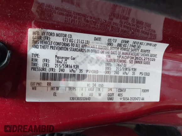 2013 Ford Focus SE with VIN 1FADP3K26DL275329, listed as a IAAI auction lot 41922232 with 86,211 mi miles and . Bid and sale history available at carsss.com. Image 9.