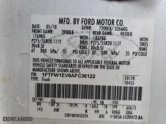 2010 Ford F-150 XL with VIN 1FTFW1EV6AFC36122, listed as a Copart auction lot 89002325 with 158,126 mi miles and Salvage Title. Bid and sale history available at carsss.com. Image 12.