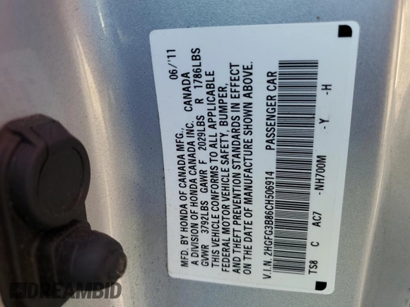 2012 Honda Civic Cpe EX with VIN 2HGFG3B86CH506914, listed as a Copart auction lot 73133784 with 134,950 mi miles and Salvage Title. Bid and sale history available at carsss.com. Image 12.