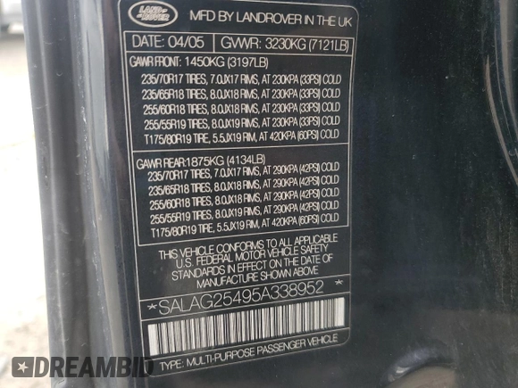 2005 Land Rover LR3 HSE with VIN SALAG25495A338952, listed as a Copart auction lot 60673495 with 203,121 mi miles and Salvage title. Bid and sale history available at DreamBid. Image 13.