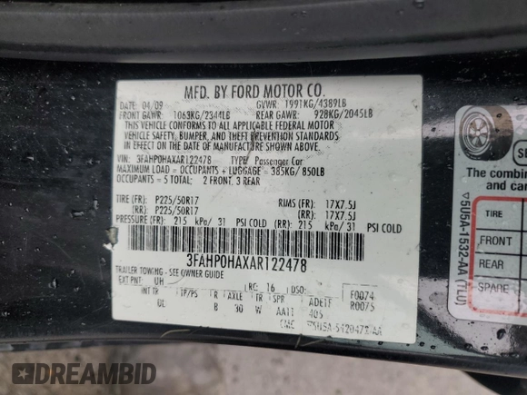 2010 Ford Fusion SE with VIN 3FAHP0HAXAR122478, listed as a Copart auction lot 47041705 with 99,536 mi miles and Clean Title. Bid and sale history available at carsss.com. Image 12.