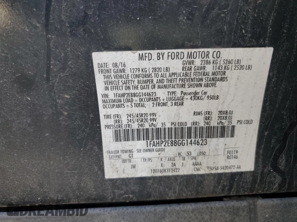 2016 Ford Taurus SEL with VIN 1FAHP2E88GG144623, listed as a Copart auction lot 49427115 with 105,471 mi miles and Salvage title. Bid and sale history available at DreamBid. Image 13.