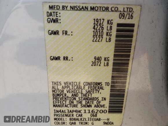 2017 Nissan Altima S with VIN 1N4AL3AP4HC116200, listed as a Copart auction lot 60777265 with 66,081 mi miles and Salvage title. Bid and sale history available at DreamBid. Image 12.