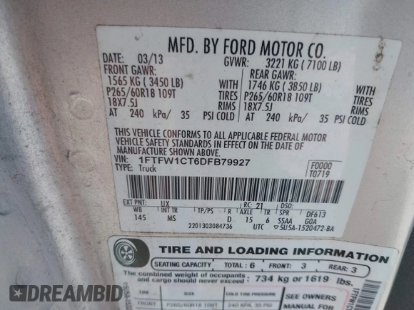 2013 Ford F-150 XL с VIN 1FTFW1CT6DFB79927, выставлен на аукционе IAAI как лот 42061723 с пробегом 235 681 миль миль и . История ставок и продаж доступна на DreamBid. Изображение 9.