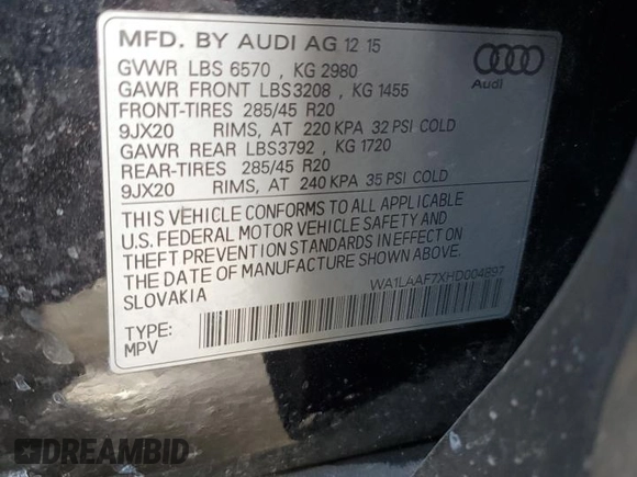 2017 Audi Q7 Premium Plus with VIN WA1LAAF7XHD004897, listed as a Copart auction lot 54762095 with 124,130 mi miles and Clean Title. Bid and sale history available at DreamBid. Image 13.
