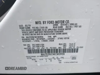 2019 Ford EcoSport SE with VIN MAJ3S2GE5KC303920, listed as a IAAI auction lot 41662368 with 91,207 mi miles and . Bid and sale history available at DreamBid. Image 9.