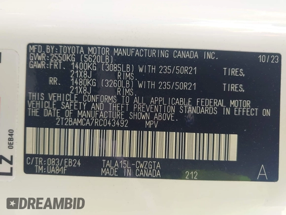 2024 Lexus RX 350 with VIN 2T2BAMCA7RC043492, listed as a IAAI auction lot 42154100 with 6,891 mi miles and . Bid and sale history available at DreamBid. Image 9.