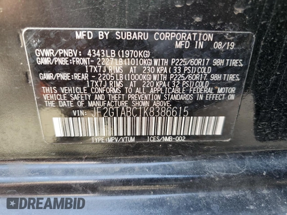 2019 Subaru Crosstrek with VIN JF2GTABC1K8386615, listed as a Copart auction lot 54220055 with 50,091 mi miles and Salvage Title. Bid and sale history available at carsss.com. Image 14.