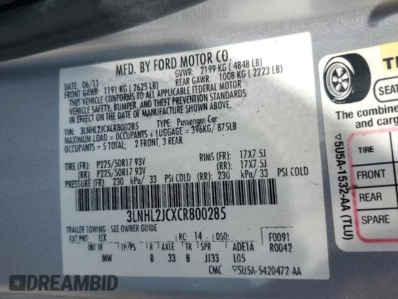 2012 Lincoln MKZ with VIN 3LNHL2JCXCR800285, listed as a Copart auction lot 61723205 with 234,148 mi miles and Salvage title. Bid and sale history available at DreamBid. Image 13.