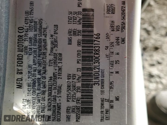 2012 Lincoln MKZ Hybrid with VIN 3LNDL2L30CR831766, listed as a Copart auction lot 46178885 with 170,837 mi miles and Salvage Title. Bid and sale history available at DreamBid. Image 12.
