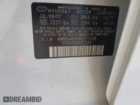 2008 Hyundai Elantra GLS with VIN KMHDU46D08U277108, listed as a IAAI auction lot 42521921 with 264,288 mi miles and . Bid and sale history available at DreamBid. Image 9.