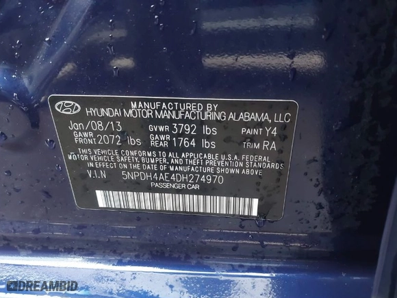 2013 Hyundai Elantra Limited PZEV with VIN 5NPDH4AE4DH274970, listed as a IAAI auction lot 41516122 with 1 mi miles. Bid and sale history available at carsss.com. Image 9.