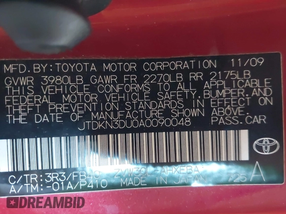 2010 Toyota Prius II with VIN JTDKN3DU0A0090048, listed as a IAAI auction lot 42136695 with Not Provided miles. Bid and sale history available at carsss.com. Image 9.