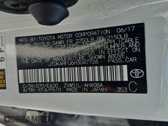 2017 Toyota Prius Two with VIN JTDKARFU6H3047726, listed as a IAAI auction lot 42619600 with 215,918 mi miles and . Bid and sale history available at DreamBid. Image 50.