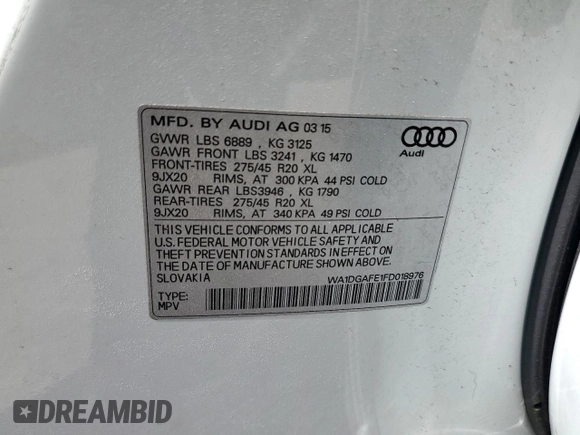 2015 Audi Q7 S line Prestige с VIN WA1DGAFE1FD018976, выставлен на аукционе Copart как лот 62018645 с пробегом 99 441 миль миль и Списание • Salvage title. История ставок и продаж доступна на DreamBid. Изображение 13.