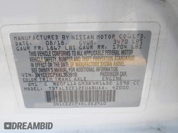 2019 Nissan Note SV with VIN 3N1CE2CPXKL353910, listed as a IAAI auction lot 41915428 with 197,543 mi miles and . Bid and sale history available at DreamBid. Image 9.
