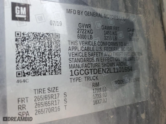 2020 Chevrolet Colorado 4WD Z71 with VIN 1GCGTDEN2L1101654, listed as a Copart auction lot 83669954 with 84,861 mi miles and Salvage Title. Bid and sale history available at carsss.com. Image 13.