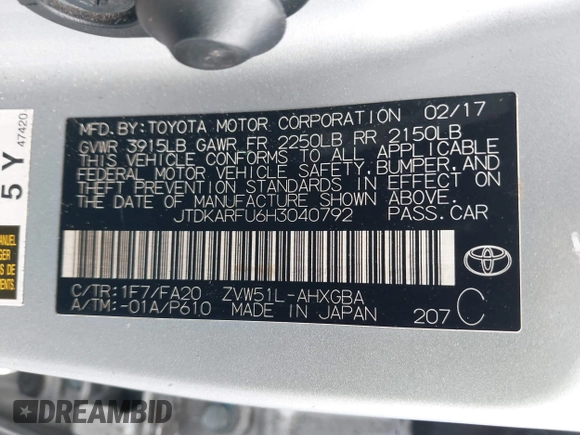 2017 Toyota Prius Two с VIN JTDKARFU6H3040792, выставлен на аукционе IAAI как лот 41758408 с пробегом 320 656 миль миль и . История ставок и продаж доступна на DreamBid. Изображение 9.