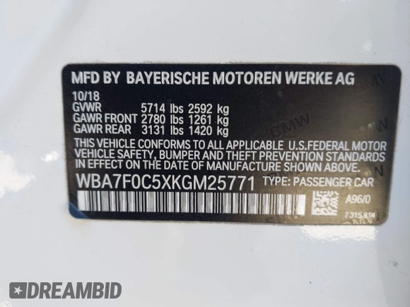 2019 BMW 7 Series 750i with VIN WBA7F0C5XKGM25771, listed as a IAAI auction lot 42167614 with 73,692 mi miles. Bid and sale history available at carsss.com. Image 9.