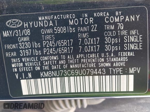 2009 Hyundai Veracruz GLS with VIN KM8NU73C69U079443, listed as a IAAI auction lot 42198124 with 165,597 mi miles and . Bid and sale history available at DreamBid. Image 9.