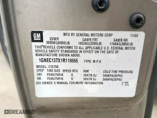 2001 Chevrolet Tahoe LT with VIN 1GNEC13TX1R118666, listed as a Copart auction lot 48984405 with 252,830 mi miles and Salvage Title. Bid and sale history available at carsss.com. Image 13.