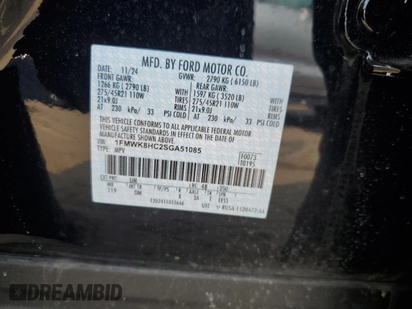 2025 Ford Explorer Platinum с VIN 1FMWK8HC2SGA51085, выставлен на аукционе Copart как лот 59028545 с пробегом 1 771 миль миль и Чистый • Clean title. История ставок и продаж доступна на DreamBid. Изображение 14.