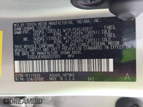 2013 Toyota Highlander with VIN 5TDZA3EH0DS037993, listed as a IAAI auction lot 42180685 with 212,729 mi miles and . Bid and sale history available at DreamBid. Image 9.