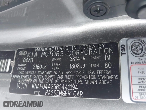 2011 Kia Forte EX with VIN KNAFU4A25B5441194, listed as a IAAI auction lot 42076839 with 91,706 mi miles. Bid and sale history available at carsss.com. Image 9.
