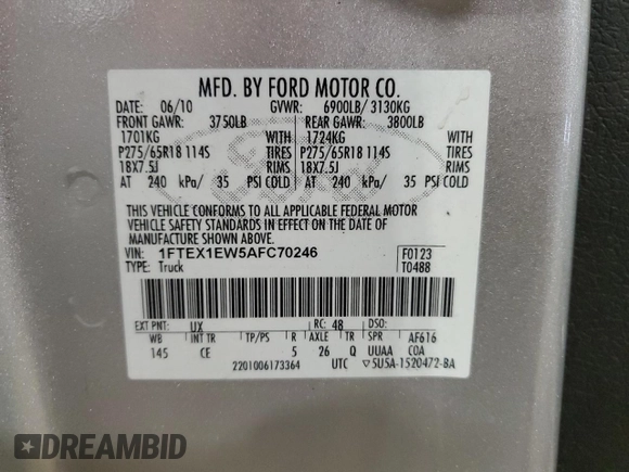 2010 Ford F-150 XL с VIN 1FTEX1EW5AFC70246, выставлен на аукционе Copart как лот 52260235 с пробегом 61 476 миль миль и Чистый • Clean title. История ставок и продаж доступна на DreamBid. Изображение 12.