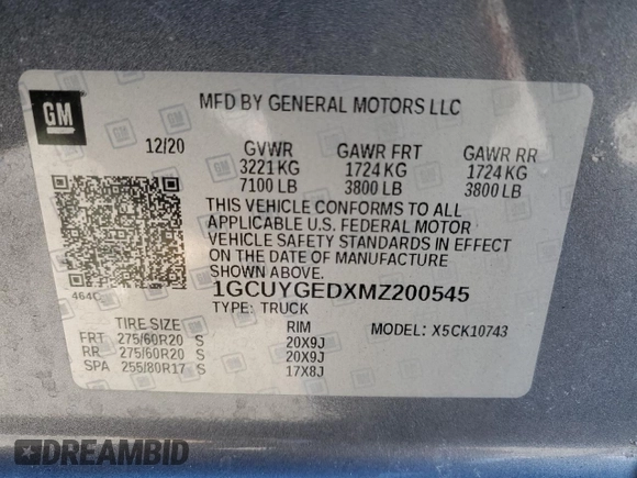 2021 Chevrolet Silverado 1500 LTZ with VIN 1GCUYGEDXMZ200545, listed as a Copart auction lot 43721165 with 58,623 mi miles and Salvage Title. Bid and sale history available at DreamBid. Image 12.