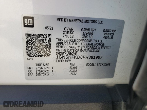 2023 Chevrolet Suburban Premier with VIN 1GNSKFKD8PR381907, listed as a Copart auction lot 66122014 with 13,563 mi miles and . Bid and sale history available at DreamBid. Image 13.