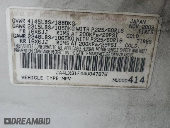 2004 Mitsubishi Outlander LS z VIN JA4LX31F44U047876, wystawiony jako Copart lot #59395585 z przebiegiem 148 726 mil mil oraz Szkoda całkowita • Salvage title. Historia ofert i sprzedaży dostępna na DreamBid. Obrazek 13.