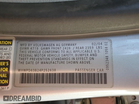 2004 Volkswagen Passat GLS z VIN WVWPD63B24P252638, wystawiony jako Copart lot #54247995 z przebiegiem 77 786 mil mil oraz Szkoda całkowita • Salvage title. Historia ofert i sprzedaży dostępna na DreamBid. Obrazek 12.
