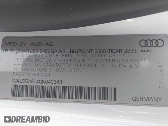 2016 Audi A7 Prestige with VIN WAU2GAFC4GN043343, listed as a IAAI auction lot 42380383 with 75,087 mi miles and . Bid and sale history available at DreamBid. Image 9.