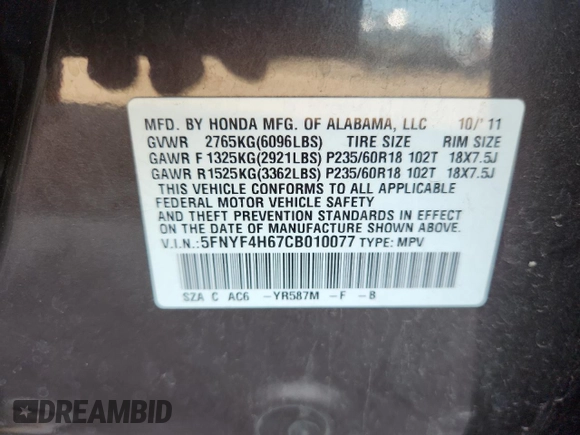 2012 Honda Pilot EX-L z VIN 5FNYF4H67CB010077, wystawiony jako Copart lot #60248795 z przebiegiem 188 634 mil mil oraz Czysty tytuł • Clean title. Historia ofert i sprzedaży dostępna na DreamBid. Obrazek 13.