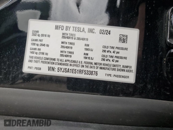 2024 Tesla Model S with VIN 5YJSA1E51RF533876, listed as a Copart auction lot 53081195 with Not provided miles and Salvage title. Bid and sale history available at DreamBid. Image 13.