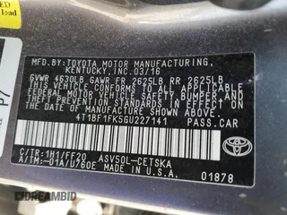 2016 Toyota Camry XLE with VIN 4T1BF1FK5GU227141, listed as a Copart auction lot 51174105 with 38,325 mi miles and Salvage Title. Bid and sale history available at DreamBid. Image 12.