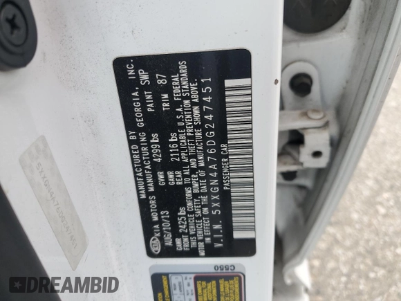 2013 Kia Optima EX with VIN 5XXGN4A76DG247451, listed as a Copart auction lot 58445265 with 181,194 mi miles and Salvage title. Bid and sale history available at DreamBid. Image 12.