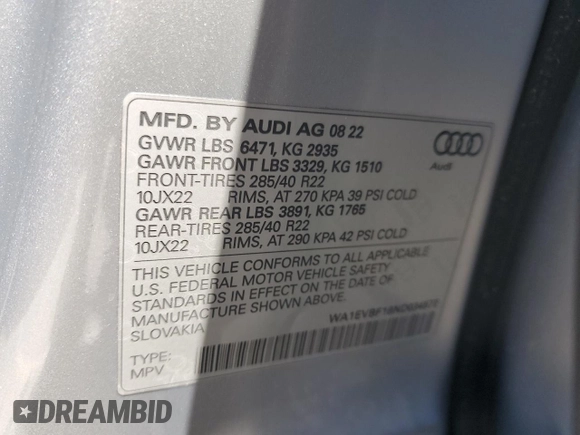 2022 Audi Q8 Premium Plus with VIN WA1EVBF18ND034572, listed as a Copart auction lot 57704485 with 28,246 mi miles and Salvage title. Bid and sale history available at DreamBid. Image 13.