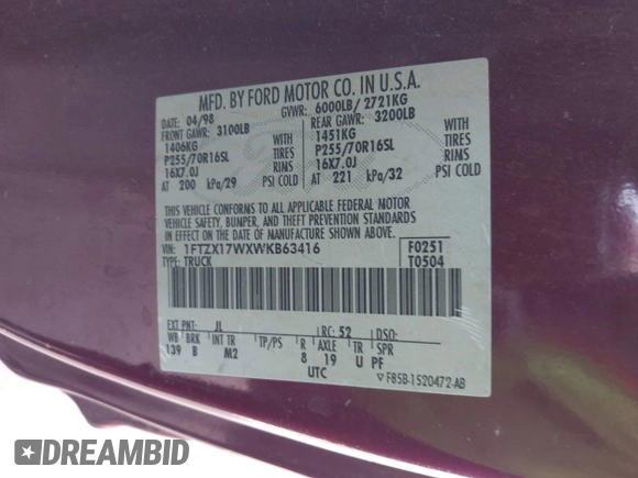 1998 Ford F-150 with VIN 1FTZX17WXWKB63416, listed as a IAAI auction lot 41604048 with 214,890 mi miles and . Bid and sale history available at DreamBid. Image 9.