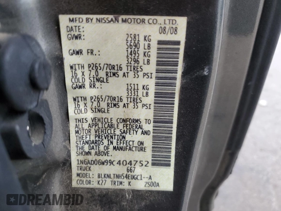 2009 Nissan Frontier SE z VIN 1N6AD06W99C404752, wystawiony jako Copart lot #47679765 z przebiegiem 113 285 mil mil oraz Szkoda całkowita • Salvage title. Historia ofert i sprzedaży dostępna na DreamBid. Obrazek 14.