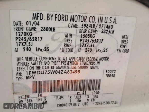 2004 Ford Explorer Limited с VIN 1FMDU75W84ZA63498, выставлен на аукционе Copart как лот 56377655 с пробегом 156 305 миль миль и Списание • Salvage title. История ставок и продаж доступна на DreamBid. Изображение 13.