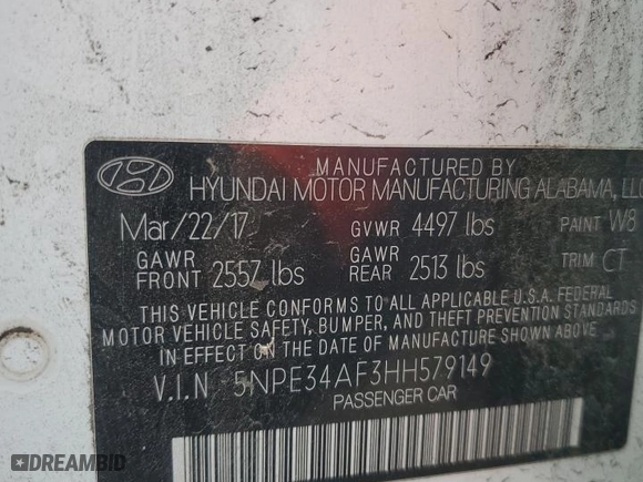 2017 Hyundai Sonata Sport with VIN 5NPE34AF3HH579149, listed as a Copart auction lot 50257695 with 179,527 mi miles and Salvage Title. Bid and sale history available at carsss.com. Image 12.