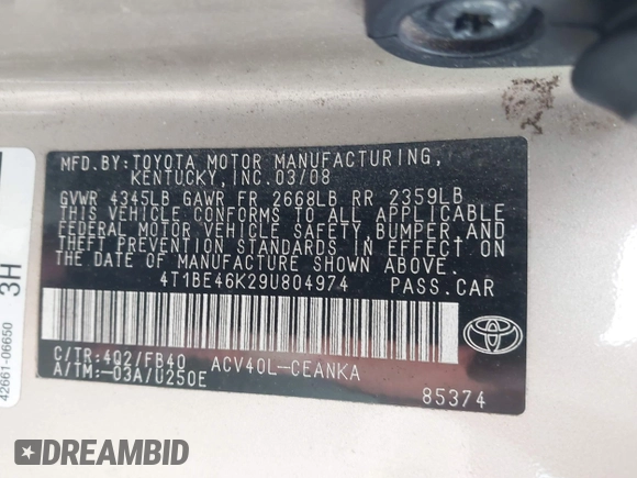 2009 Toyota Camry with VIN 4T1BE46K29U804974, listed as a IAAI auction lot 42085446 with Not Provided miles and . Bid and sale history available at DreamBid. Image 9.