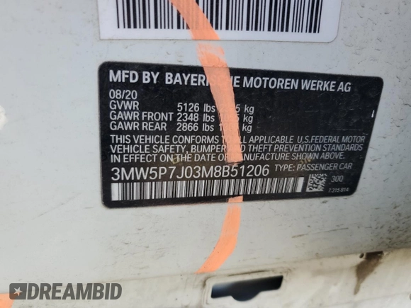 2021 BMW 3 Series 330e with VIN 3MW5P7J03M8B51206, listed as a Copart auction lot 44314965 with 50,110 mi miles and Salvage Title. Bid and sale history available at carsss.com. Image 13.