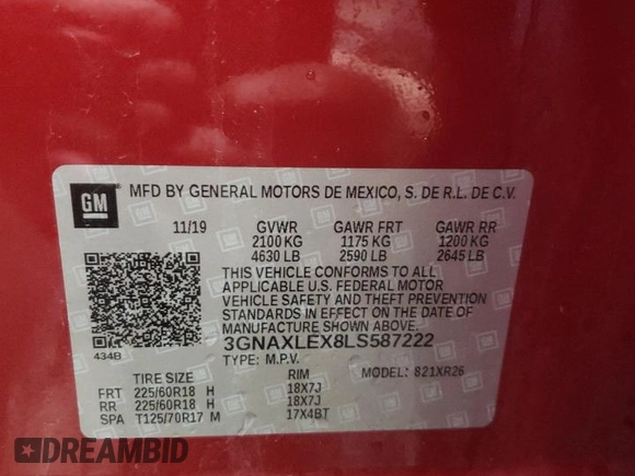 2020 Chevrolet Equinox LT with VIN 3GNAXLEX8LS587222, listed as a Copart auction lot 46708645 with 50,818 mi miles and Salvage Title. Bid and sale history available at carsss.com. Image 13.