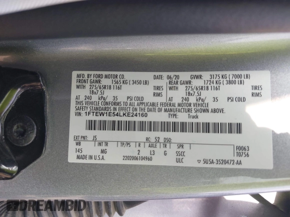 2020 Ford F-150 XL with VIN 1FTEW1E54LKE24160, listed as a IAAI auction lot 42316733 with 83,215 mi miles and . Bid and sale history available at DreamBid. Image 9.